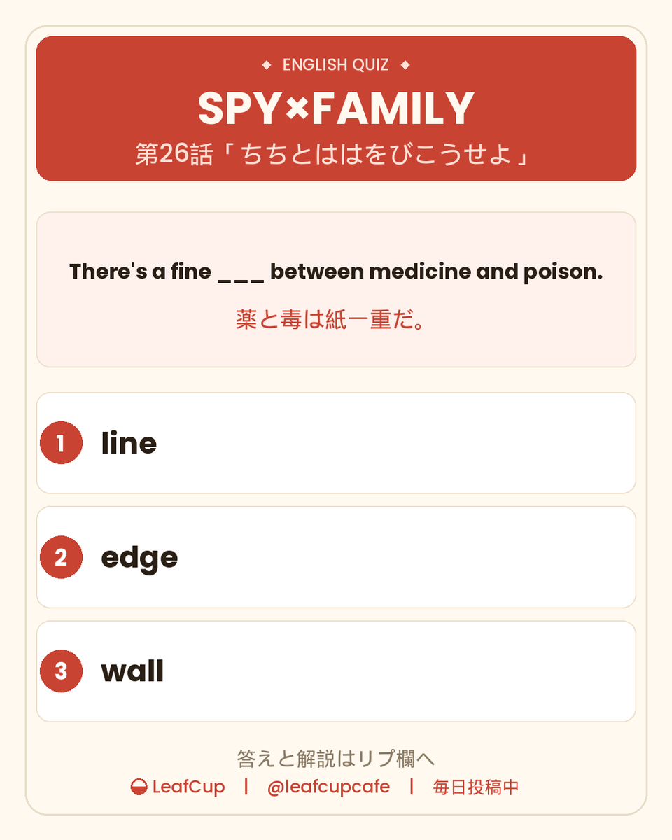 leafcupcafe's tweet photo. 【今日の1問】SPY×FAMILY 第26話

There's a fine ___ between medicine and poison.
「薬と毒は紙一重だ」

① line　② edge　③ wall

毒で痛みが消えたヨルさんを見て、ナレーターがぽつり。
答えと解説はリプ欄に👇

#英語学習 #スパイファミリー #アニメで英語 https://t.co/1s26QrcIap