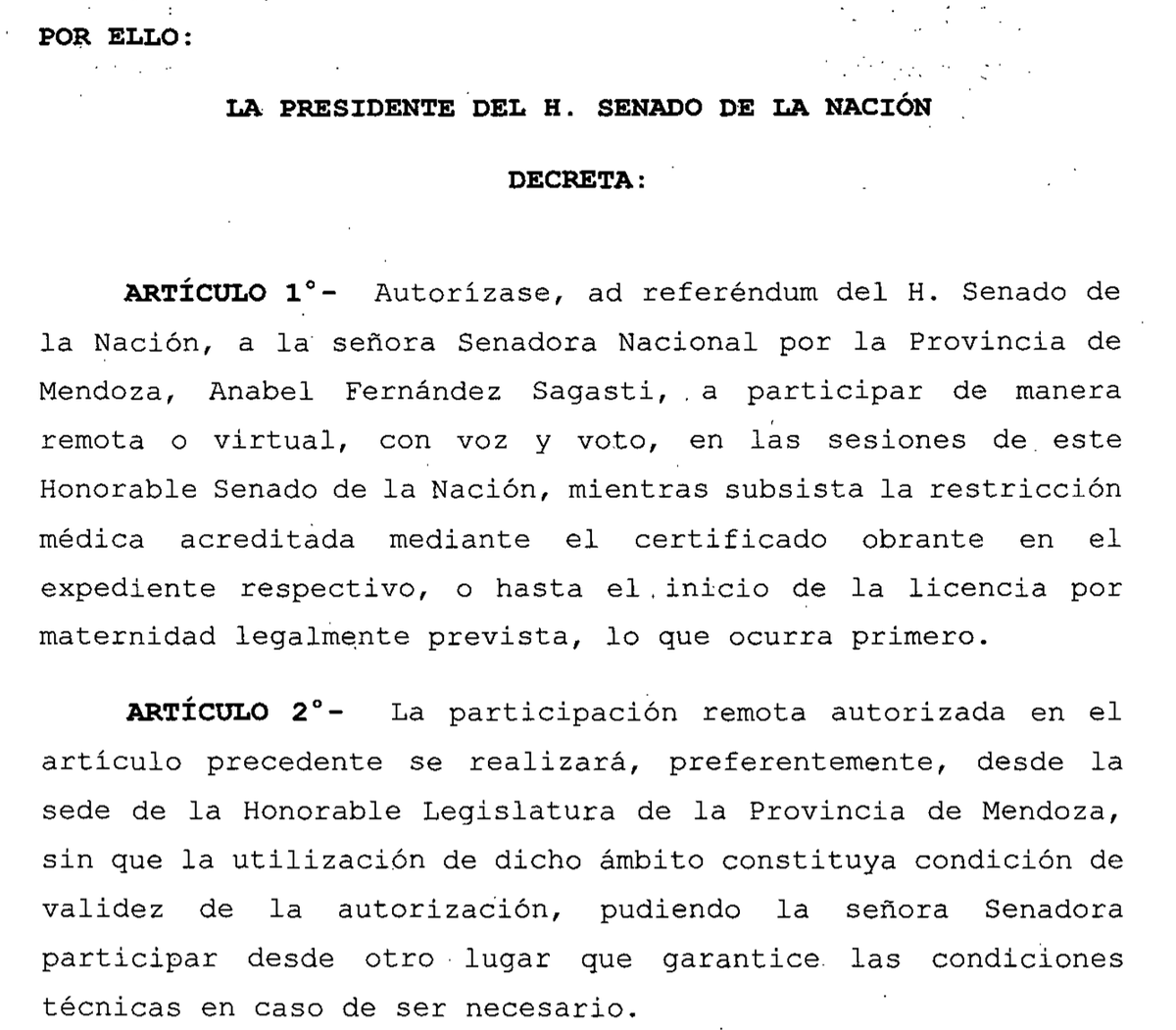 MatiMow's tweet photo. Victoria Villarruel autorizó a Anabel Fernández Sagasti a participar de la sesión y votar de manera remota desde Mendoza.

La autorización es ad referendum. Es decir, la tiene que ratificar el Senado el jueves al comienzo de la sesión por mayoría simple. https://t.co/aBuHYNn2GM