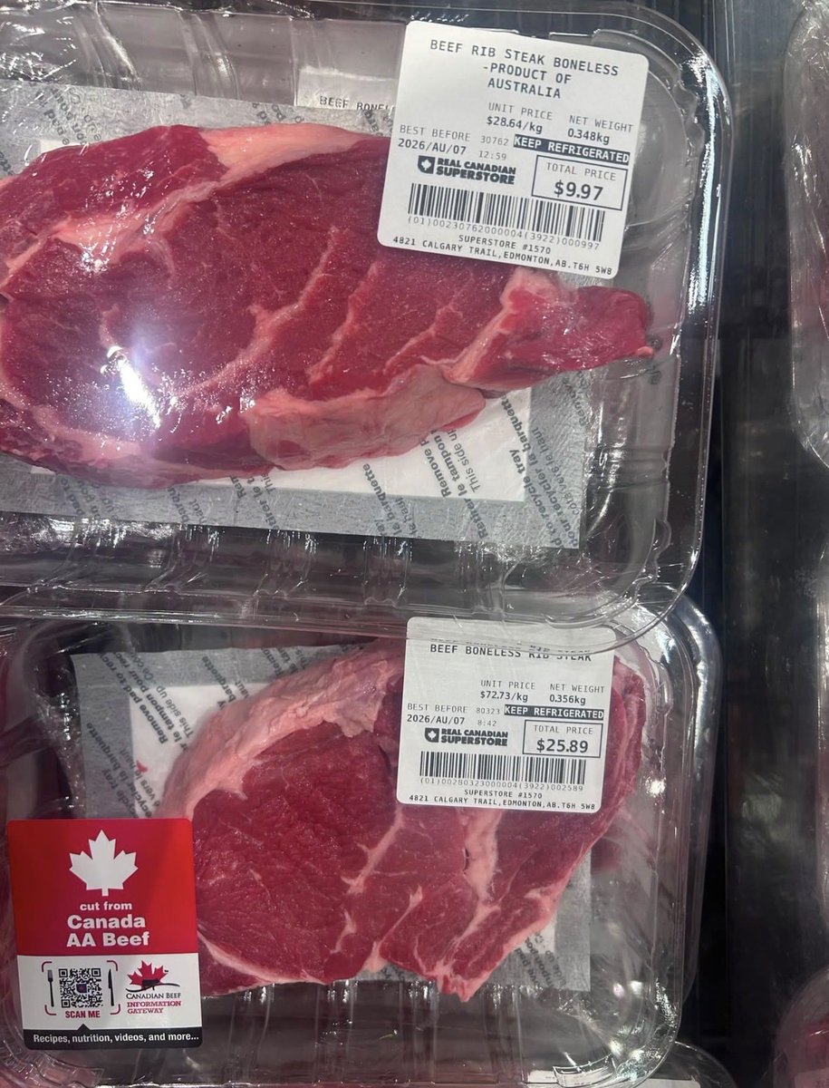 mario4thenorth's tweet photo. It’s takes over 22 hours to get from Toronto to Sydney, Australia. 

Canadian beef is raised down the road.

Yet Canadian steaks are 250% more than Australia’s.

And the Liberals think we can afford this “buy Canadian” strategy?

SLOGANS DO NOT MAKE FOOD AFFORDABLE. https://t.co/ONLwIK85sy