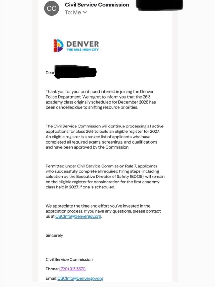 dobetterdnvr's tweet photo. 🌀 Mayor Johnston’s budget crisis is spiraling out of control

Mayor Mikey’s “Vibrant” Denver is failing to deliver the expected revenue from businesses, residents, and visitors. Public safety is about to pay the price.

Denver just cancelled its 26-3 police academy class (originally set for December 2026) citing “shifting resource priorities.” 

Applicants who already completed the hiring process will stay on the eligible roster for the first class in 2027… IF one is even scheduled.

What have I been telling y’all? Johnston wasted Denver’s budget sheltering drug-addicted criminals and now has nothing left for the officers who keep the city safe. 

He can’t cancel the NGO and hotel contracts without dumping thousands back onto the streets and exposing his entire plan as a complete failure.​​​​​​​​​​​​​​​​​​​​​​​​​​​​​​​​​​​​​​​​​​​​​​​​​​

Email your City Council members right now and demand they fund the Denver Police Department. Tell them to restore the academy classes and prioritize public safety. 

dencc@denvergov.org