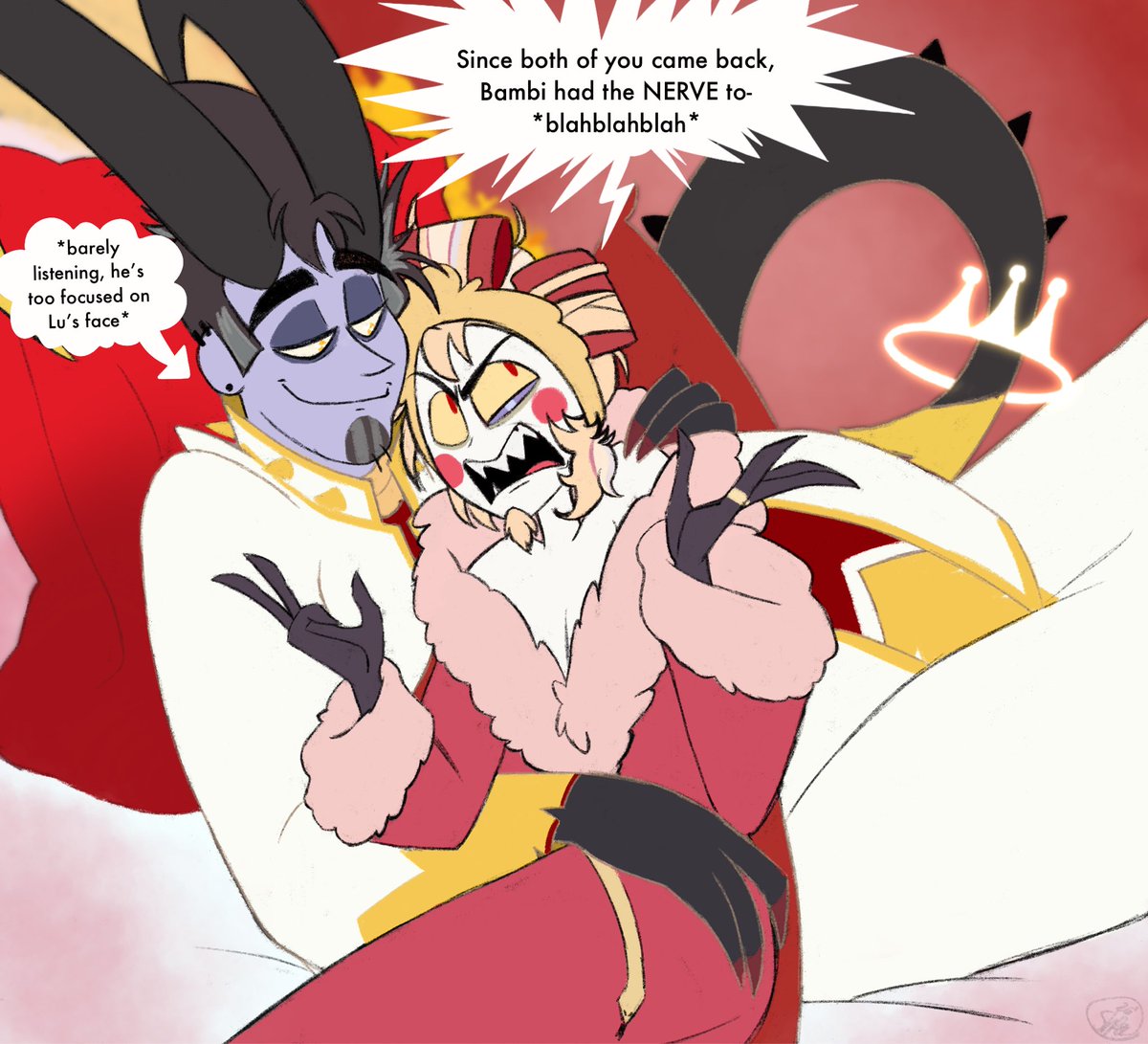 KRShpadnklestuf's tweet photo. I had to reload bc I forgot Adam’s lil goatee- but Adam’s lookin at Lu with love in his eyes as Lu vents about Al being a bastard like always ❤️🙄 #HazbinHotel #adamsapple https://t.co/QeSNyaZTaB
