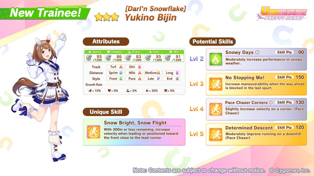 umamusume_eng's tweet photo. 🎊 Here's your first look at the new 3★ character!

Introducing [Darl'n Snowflake] Yukino Bijin!

For details, please check the Featured Trainees section on the top right of the Scout screen available from Aug 5 (UTC).

#Umamusume https://t.co/8n2A5WFUJO