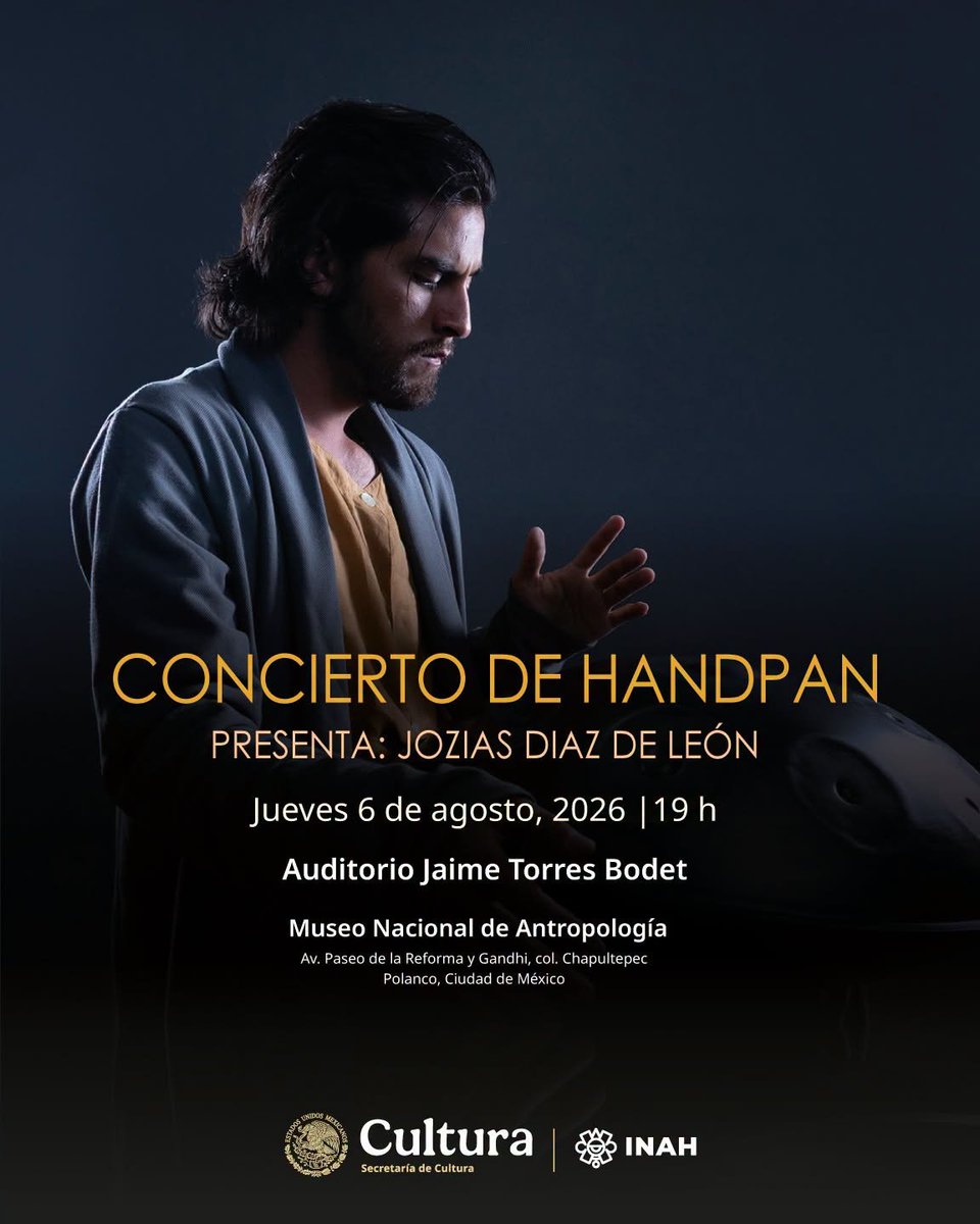 INAHmx's tweet photo. En el marco de la exposición: «Instrumentos musicales de México y el mundo», te invitamos al recorrido guiado: Entre resonancias, seguido por el concierto inmersivo de Handpan con Jozias Díaz 🎶 

📍 Museo Nacional de Antropología
🗓️ #HOY 6 de agosto, 18 h
#CupoLimitado
#Gratis https://t.co/5XpKrE9ST4