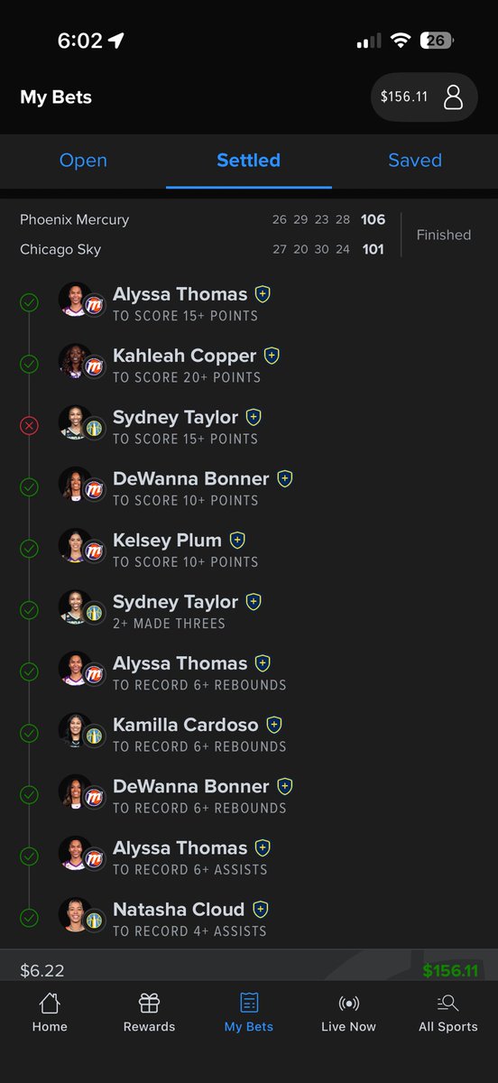 Lowgan44's tweet photo. @VenonymousX @sdawgbets @FDSportsbook Holy shit, what happened to Alyssa Thomas last night, I checked my FanDuel app at 5pm today (cause I thought I scratched on all my bets last night) and saw this!! lol I ain’t complaining, but I thought she played the full 4 quarters, unless I missed something?? 🤣 https://t.co/cE9VdDcC7v
