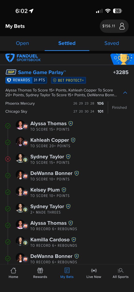 Lowgan44's tweet photo. @VenonymousX @sdawgbets @FDSportsbook Holy shit, what happened to Alyssa Thomas last night, I checked my FanDuel app at 5pm today (cause I thought I scratched on all my bets last night) and saw this!! lol I ain’t complaining, but I thought she played the full 4 quarters, unless I missed something?? 🤣 https://t.co/cE9VdDcC7v