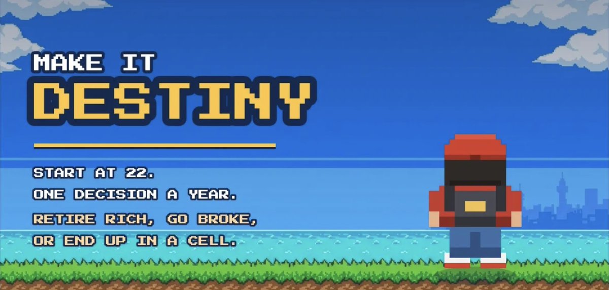 Make_It_Destiny's tweet photo. The rules are simple:

Start at 22.
One decision a year.

The real question is who will get rich and who will lose everything. https://t.co/gRt7YMJ3r4