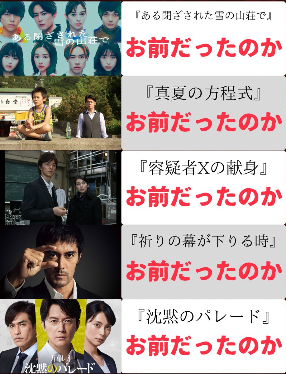nyanko_movies's tweet photo. まさかの展開に度肝を抜かれる映画
※東野圭吾 原作 https://t.co/78rg1pelrU