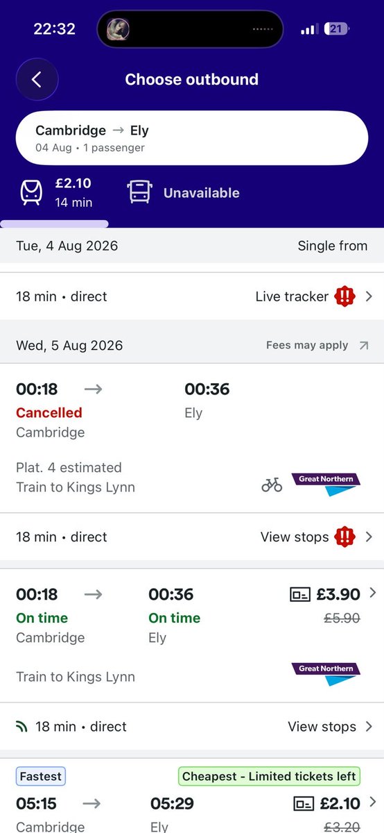 Home5ickAlien's tweet photo. Hi, please could you confirm whether the 00:18 Cbg to Ely service is cancelled tonight (5th Aug) ? The apps give conflicting detail....
@GNRailUK https://t.co/iZCYiImY2X
