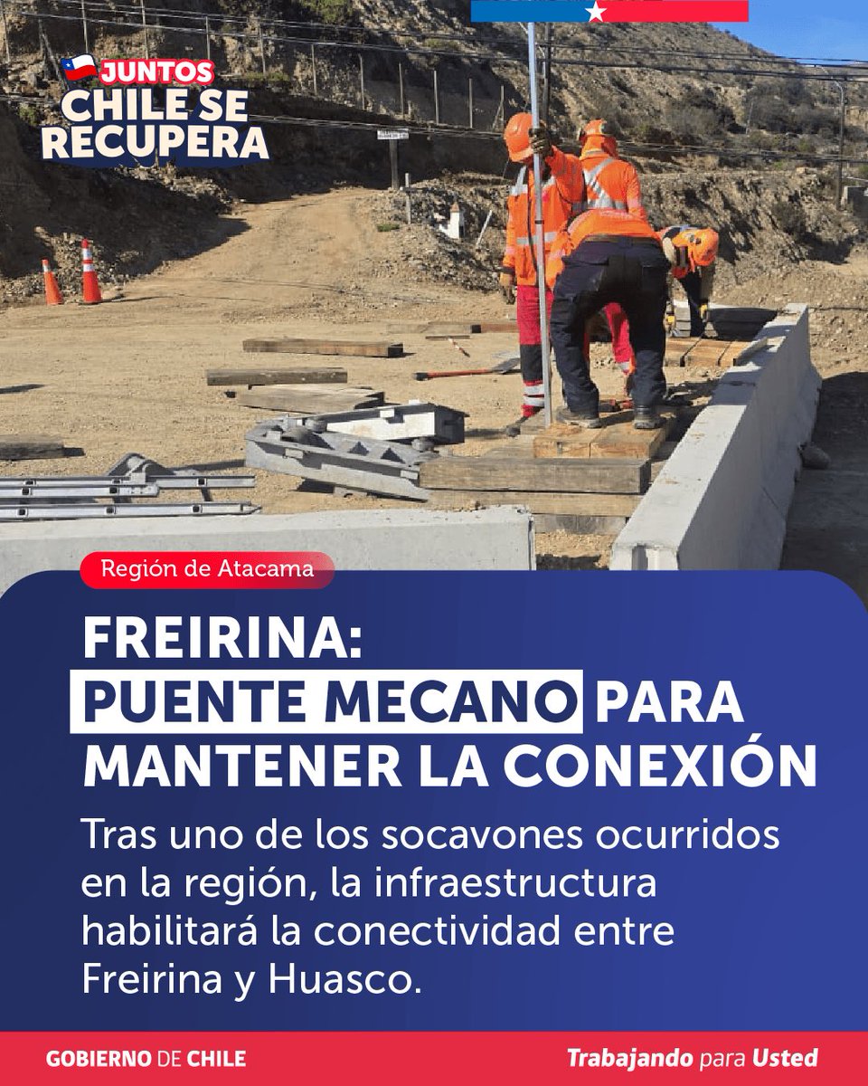 mop_chile's tweet photo. 📍Freirina: Puente mecano para Quebrada Alarcón.

Avanzan las obras previas para el armado e instalación del puente mecano en la Quebrada Alarcón. En este momento, estamos en la etapa de preparación de la infraestructura que permitirá recuperar la conectividad del sector. https://t.co/o46FLl5R1D