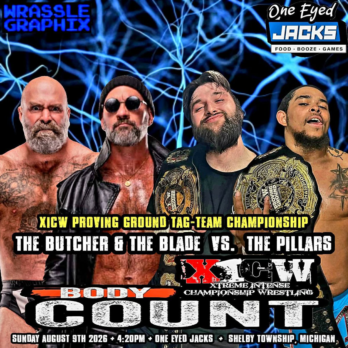 realXICWDetroit's tweet photo. XICW returns to ONE EYED JACKS in Shelby Twp., Michigan THIS SUNDAY, August 9th featuring:

THE BUTCHER and THE BLADE
versus 
THE PILLARS!

Tickets for BODY COUNT 2026 available now at https://t.co/T3gbYpEkT2 https://t.co/giaeUJij8x