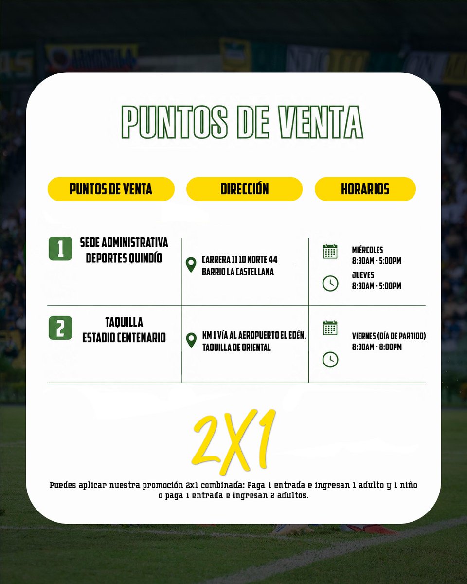 QuindioOficial's tweet photo. 🎫 Desde mañana puedes adquirir la boletería 🔰

👉 Para el encuentro frente a Internacional por Torneo BetPlay Dimayor este viernes 7 de agosto.

🟢⚪🟡 https://t.co/3VVmrj6cBE