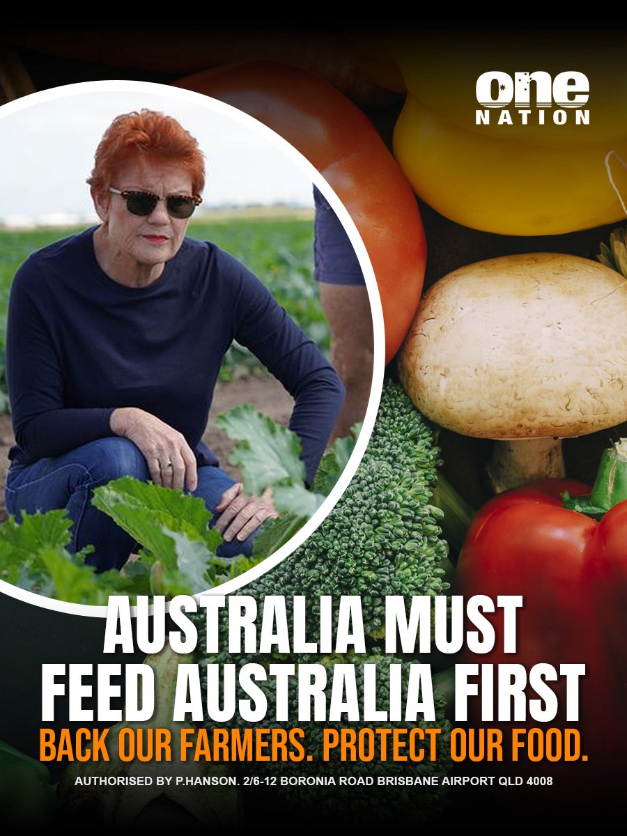 PaulineHansonOz's tweet photo. One Nation believes food self-reliance is national security.

We should support Australian farmers, protect productive farmland, strengthen regional processing and ensure Australia can always feed its own people first.

A more self-reliant food system means greater security, stronger communities and more affordable food for Australian families. 

Food self-reliance depends on removing the cost of net-zero policies and backing Australian farmers to produce more food.