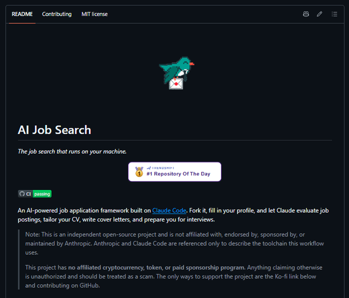 0xJokker's tweet photo. EL REPO #1 DE GITHUB NO ES UN MODELO. ES UN AGENTE QUE BUSCA TRABAJO POR TI

Se llama AI Job Search

Lo clonas, completas tu perfil y la IA se encarga del resto:

→ Evalua cada oferta y te dice el encaje real
→ Adapta tu CV solo con la experiencia que importa
→ Escribe la carta de presentacion
→ Un segundo agente revisa todo como si fuera la empresa
→ Genera los PDFs listos para enviar
→ Te prepara para la entrevista

Nunca inventa experiencia que no tengas

Es open source y ya supera las 29k estrellas en GitHub

La busqueda laboral manual esta muerta para quienes entienden como usar la IA a su favor

Guardalo y cuando tengas 5 minutos empieza a usarlo 👇