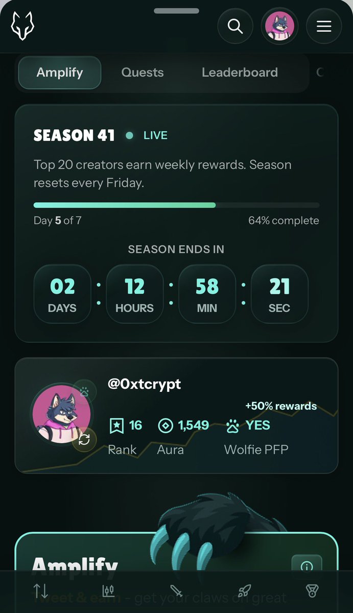 0xtcrypt's tweet photo. Only 2 days left in the current Amplify season on @wolfswapdotapp. 

If you’ve been meaning to climb the leaderboard, now’s the time.

A few things that would make you rank high 

→ Post twice a day to keep earning Aura and improve your rank.

→ Write original posts about your own thoughts on DeFi, Wolfswap, or the Cronos ecosystem perform much better than recycled AI content.

→ Holding a Wolfie NFT gives you a reward boost, making every point count even more.

It doesn’t have to be complicated. Share your market thoughts, your swaps, your research, or what you’re learning about DeFi on Cronos. Consistency beats trying to go viral once.

With less than 48 hours left, every quality post could be the difference between making the Top 20 or missing out.

While you’re at it, check out what part of the product is all about on Cronos, seamless swaps and cross chain bridging which is one of it.

original content, make your swaps, and climb the leaderboard.