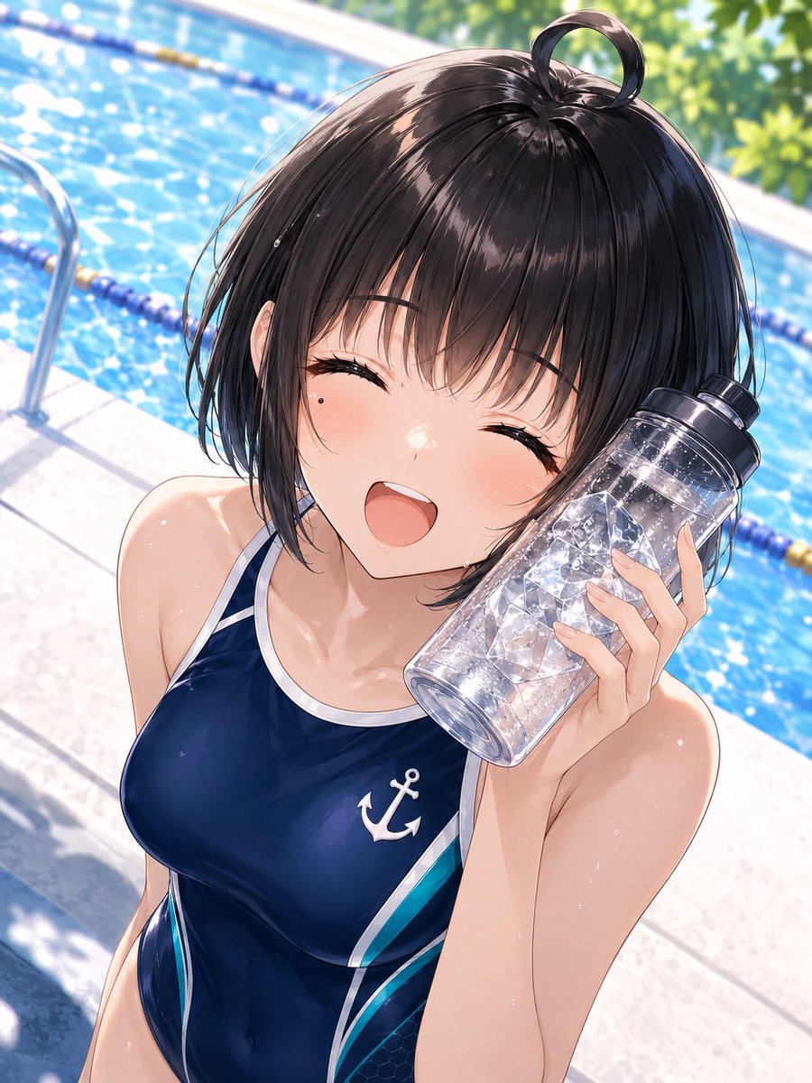 yamaP_1985_4_9's tweet photo. #AIスイスイ競水デー

「ひゃっ、冷たい！　
     ……ふふっ、でも気持ちいいです。
     先輩も、ちょっとだけ当ててみますか？」

#朝からとびっきりの笑顔を #水泳部員の日常 https://t.co/rEq6sVmVyi
