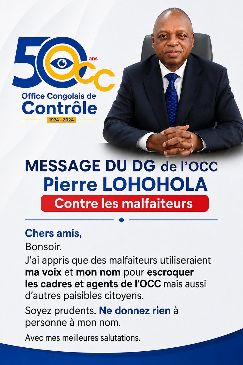 CellComImpact's tweet photo. #RDC|

Chers amis,
Bonsoir. 
J'ai appris que des malfaiteurs utiliseraient ma voix et mon nom pour escroquer les cadres et agents de l'OCC mais aussi d'autres paisibles citoyens. Soyez prudents. Ne donnez rien à personne à mon nom. 

Avec mes meilleures salutations.

@fatshi13 @SuminwaJudith @julienpalukucom @ilungajordan1
@PLohohola @CMuabilu @OCC_RepDemCongo
@VniqueBernar4 @damkup
@Princeilunga14 @TopCongo