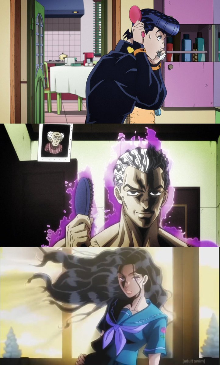 ulqion's tweet photo. The hair brush industry in morioh is being entirely funded by these three https://t.co/cUuforZItn