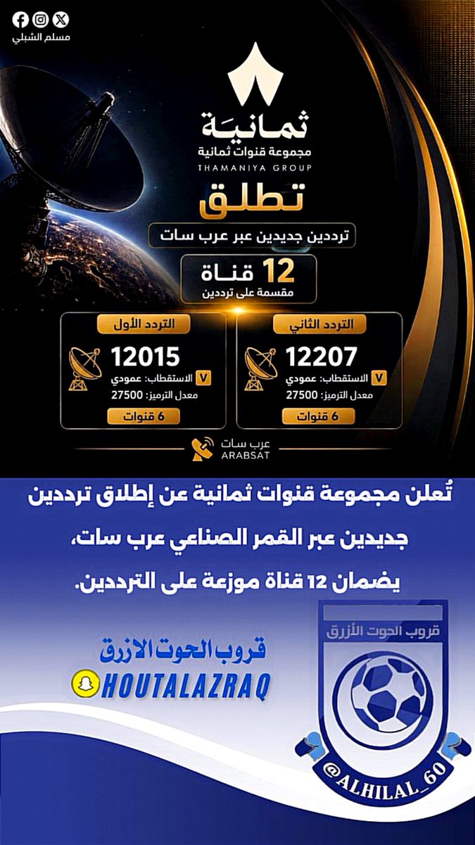 ALHILAL_60's tweet photo. 🚨 رسمياً

تُعلن مجموعة قنوات ثمانية عن إطلاق ترددين جديدين عبر القمر الصناعي عرب سات، يضمان 12 قناة موزعة على الترددين.

 التردد الأول
• 12015
• الاستقطاب: عمودي (V)
• معدل الترميز: 27500
 يضم 6 قنوات

 التردد الثاني
• 12207
• الاستقطاب: عمودي (V)
• معدل الترميز: 27500
 يضم 6 قنوات