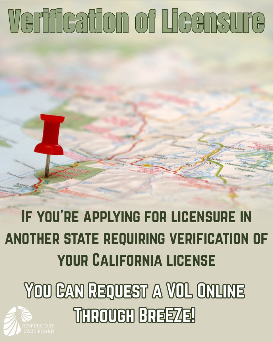 RCBofCA's tweet photo. Licensing Tip Tuesday☀️

Seeking licensure in another state? 🌎✨
California RCPs can request an official verification of licensure directly through their BreEZe account. 📨💻

Use the Step‑by‑Step Instructions to guide you through the process. 🧭📄 https://t.co/GCWmeFBml1 https://t.co/IsuAx3IZWT