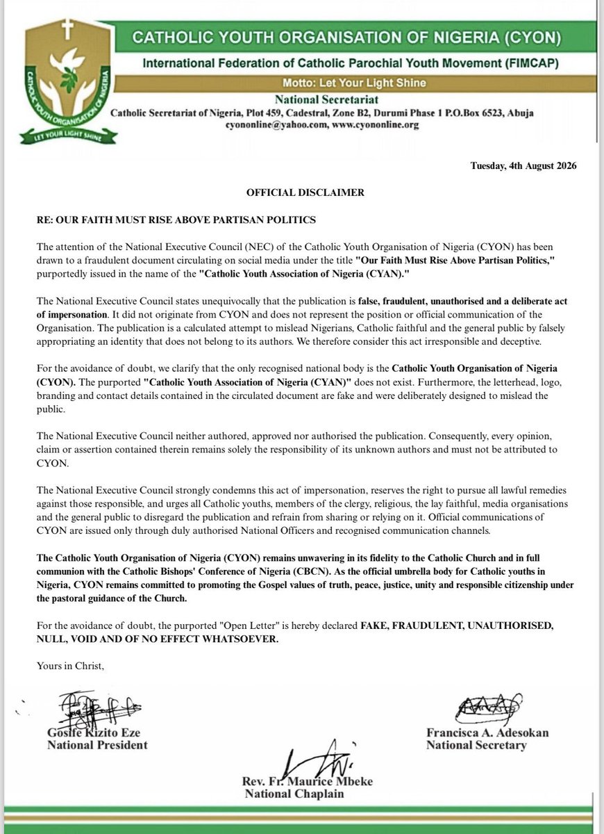 FrUgochukwu's tweet photo. The National Body of the Catholic Youth Organization of Nigeria has written a disclaimer to the fabricated letter in their name. You'll know original when you see it. https://t.co/F5Fib2g5ri