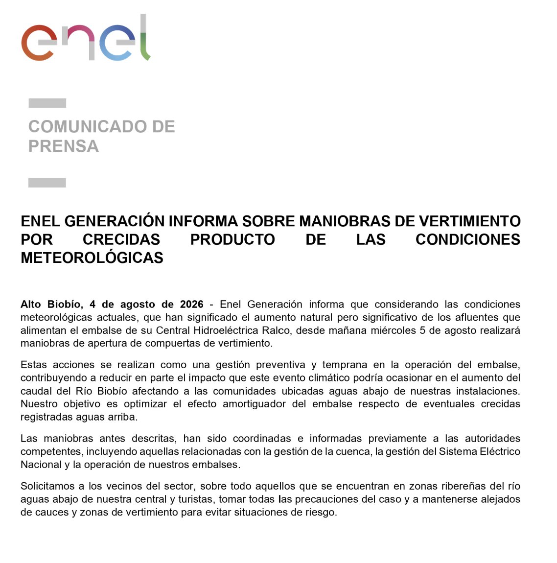 CEspinozaQ's tweet photo. ENEL confirma que este miércoles 5 de agosto concretará la apertura de compuertas de la Central Ralco, única represa capaz de regular el caudal del río Biobío. Hacen un llamado a no acercarse a zonas ribereñas aguas abajo @Cooperativa https://t.co/rI9VjltKK4