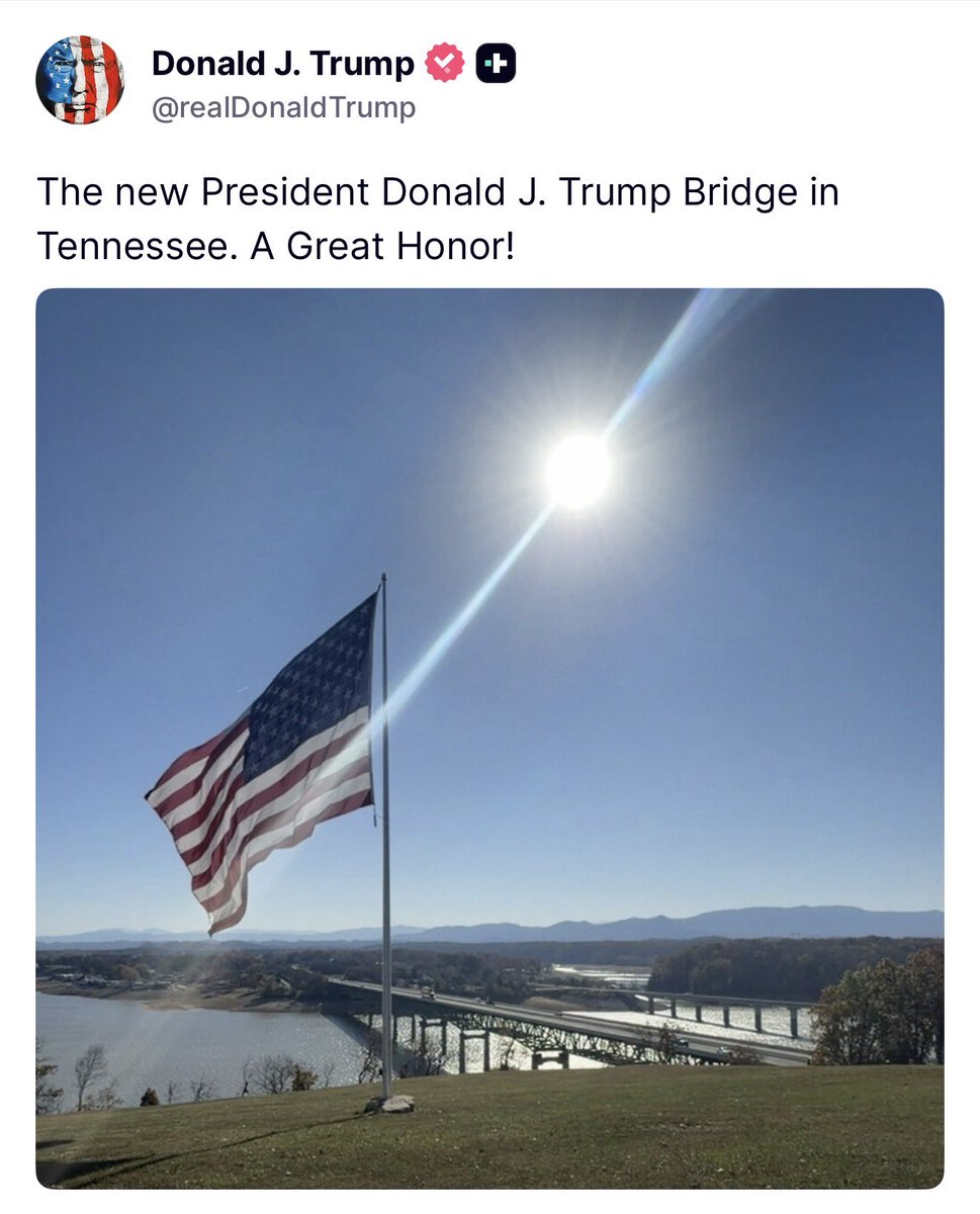 MAGAVoice's tweet photo. Donald Trump just dropped a beautiful photo of “President Donald J Trump Bridge” in Tennessee 

THIS IS WHAT MY AMERICA LOOKS LIKE ❤️ https://t.co/hJmpD5MVPa