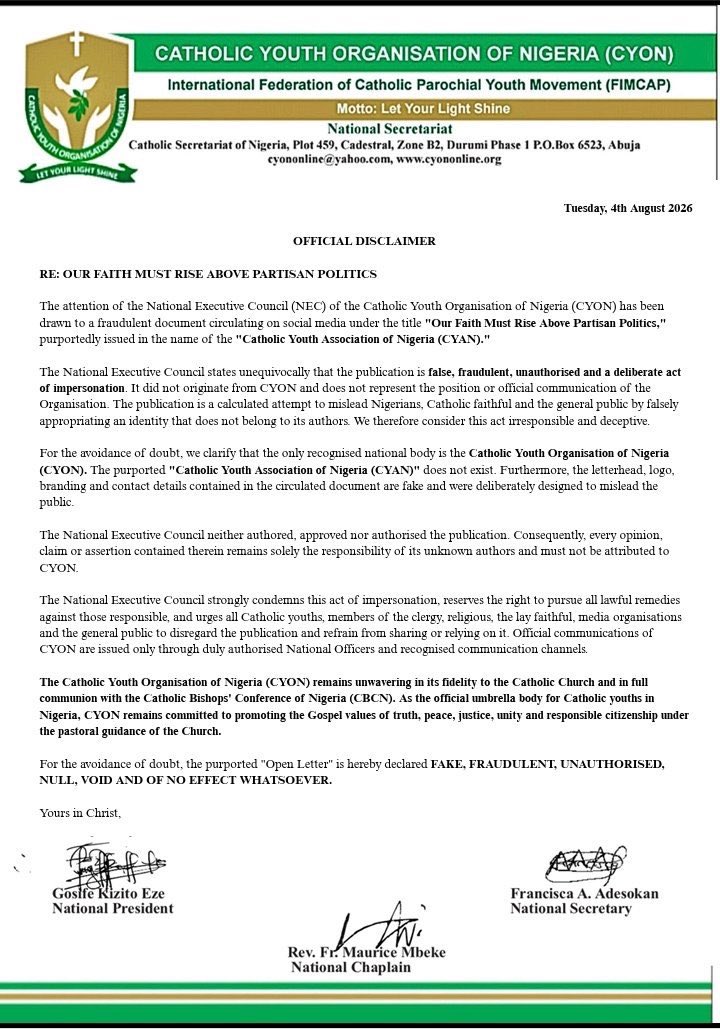 IdrisZekeriJnr's tweet photo. The Catholic Youth Organization of Nigeria (CYON) has thoroughly disclaimed the fraudulent document maliciously circulated on X and elsewhere by moles sponsored by a tasteless government led by a certificate forging President hiding in a bunker.

Thank you for you attention to this matter!

FOR GOD AND FOR YOUTH……….