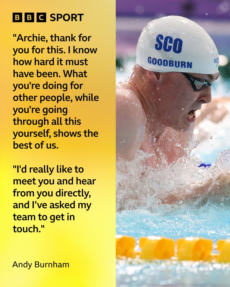 BBCSport's tweet photo. Prime Minister Andy Burnham has responded to Archie Goodburn's impassioned plea for more money and resources to be put into brain cancer research by inviting the Scottish swimmer to a personal meeting. https://t.co/DZ1zUhoBVu
