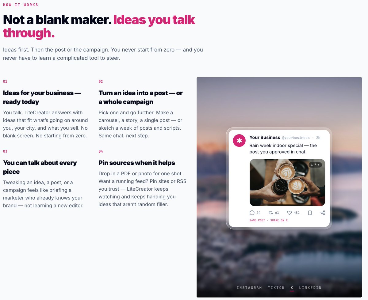 carol_llopesr's tweet photo. My husband is finishing something I think is genius: LiteCreator.

It's like having a marketer in your pocket that you just talk to. It tells you what to post today based on what's happening in your city + in your business.

No blank screen. No spending 2 hours thinking of an idea.

It's already in early access → https://t.co/vEO3xJTVae

If you struggle every day with "what do I post today?", you need to see this.

@felipe_rohde 🧑‍💻