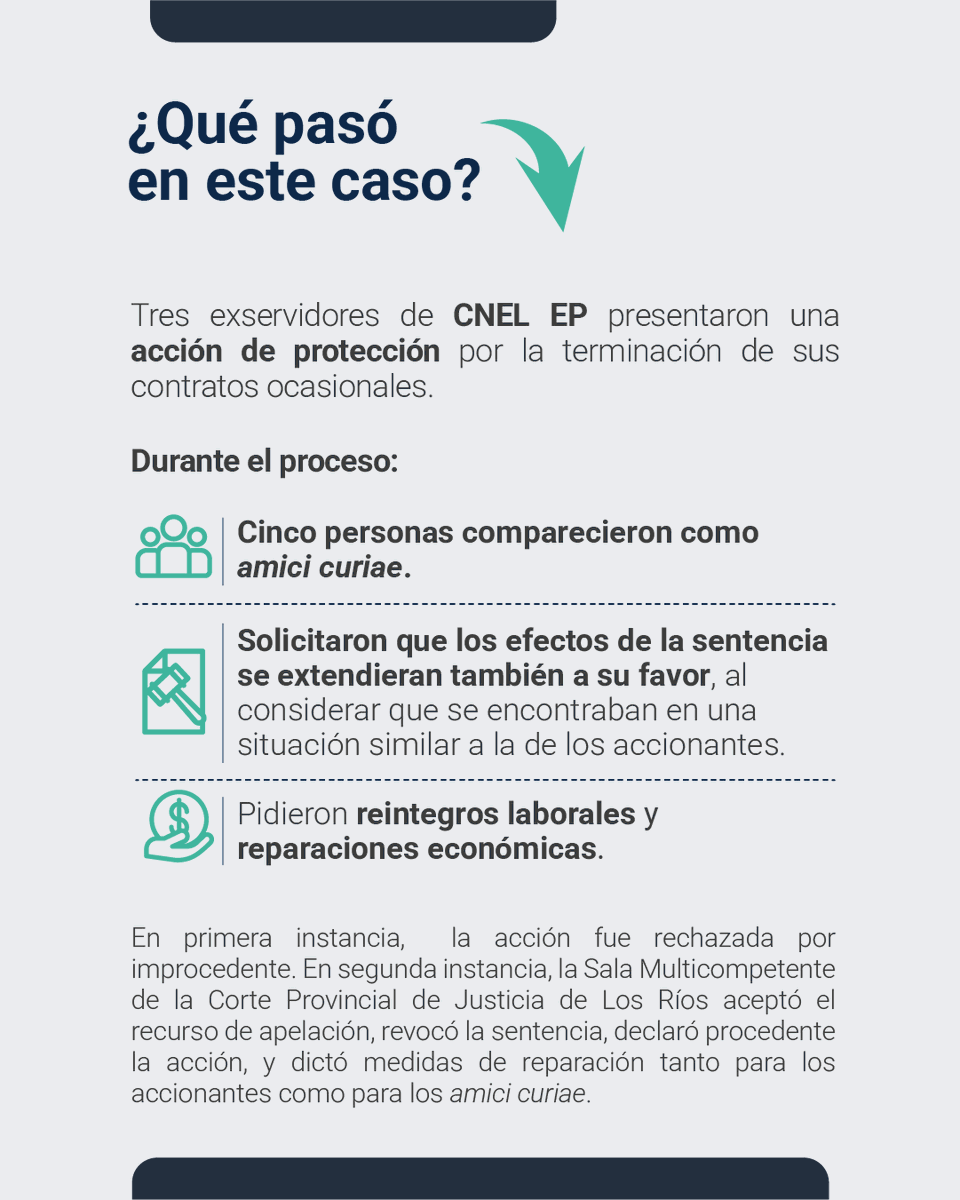 CorteConstEcu's tweet photo. Tres exservidores de CNEL EP presentaron una acción de protección por la terminación de sus contratos ocasionales. https://t.co/9aBPWhu5Qy