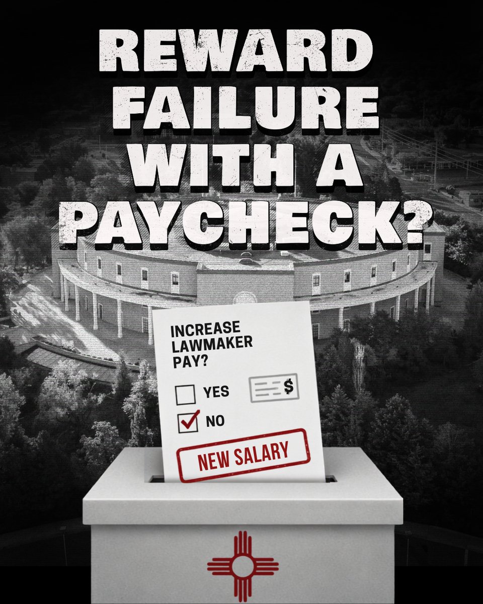 NMHouseGOP's tweet photo. Democrat lawmakers not only want your vote. Now they want you to approve a taxpayer-funded salary of roughly $68,000 a year.

Meanwhile, New Mexicans face high crime, rising costs, one of the nation’s highest tax burdens, failing schools, limited access to health care, and the worst taxpayer return on investment in the country.

The Democrat-controlled Legislature has had years to deliver results. Instead, they’re now asking voters to reward their failure with a paycheck.

#nmpol