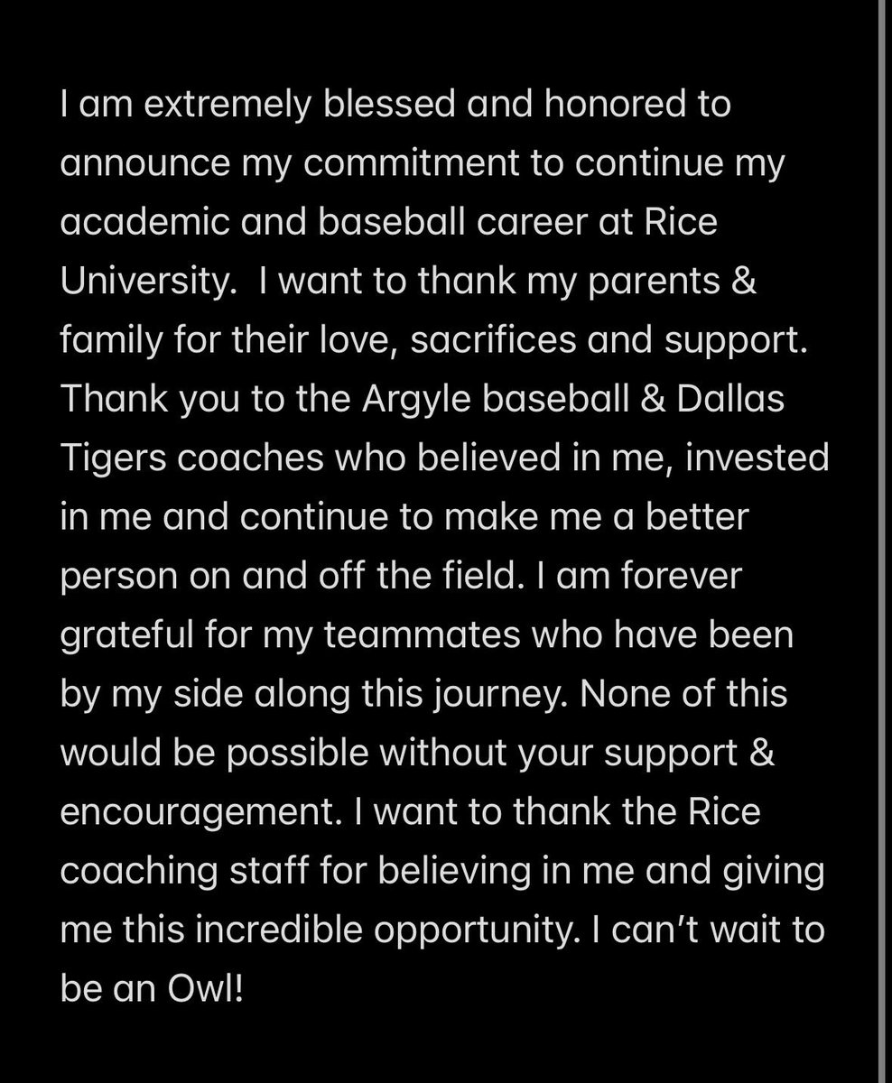 JackSnakenberg's tweet photo. 100% Committed🦉!! @RiceBaseball @davidpierce_5 @mchoehner @CoachVanHook @ConradRamquist 
@Argyle_Baseball @BlakeBeavan https://t.co/DK87dBG202