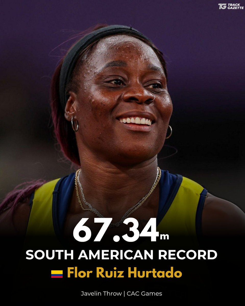 TrackGazette's tweet photo. SOUTH AMERICAN RECORD!!! 🇨🇴

Flor Ruiz Hurtado launched a Personal Best (PB) of 67.34m in the opening round of the women's Javelin Throw at the CAC Games in Santo Domingo.

The World Silver medallist broke her own South American Record, set in 2024, and recorded one of the longest throws ever by a woman aged 35 or older.

She won by over 9 metres, ahead of fellow Colombian Valentina Barrioso, who threw 58.14m for Silver.