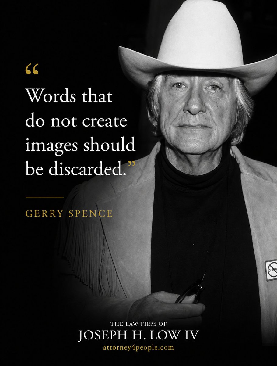 JosephHLow's tweet photo. Gerry Spence told trial lawyers to use plain words that make a picture and carry a feeling. A juror who hears a word with no picture behind it holds onto nothing.
 
https://t.co/sUxMYYPWAf
702-528-7787
Attorney referrals welcome https://t.co/VjPTw9HeFK