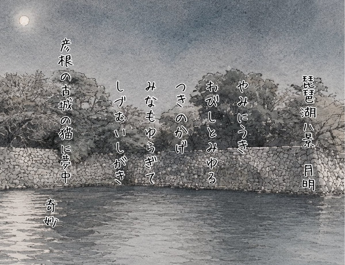 Oda_kimyo's tweet photo. 叙景和歌を作るための #個人課題 1-2-7
#憧憬の滋賀 
#琵琶湖八景 

#月明（げつめい） 
彦根の古城（彦根市）
月明かりに照らされた彦根城の優美な姿
佐和山も良きです

#和歌
闇に浮き
侘びしと見ゆる
月の影
水面ゆらぎて
しづむ石垣

あげたつもりがあがってなかった
おはよーん https://t.co/fNYDXKMvbB