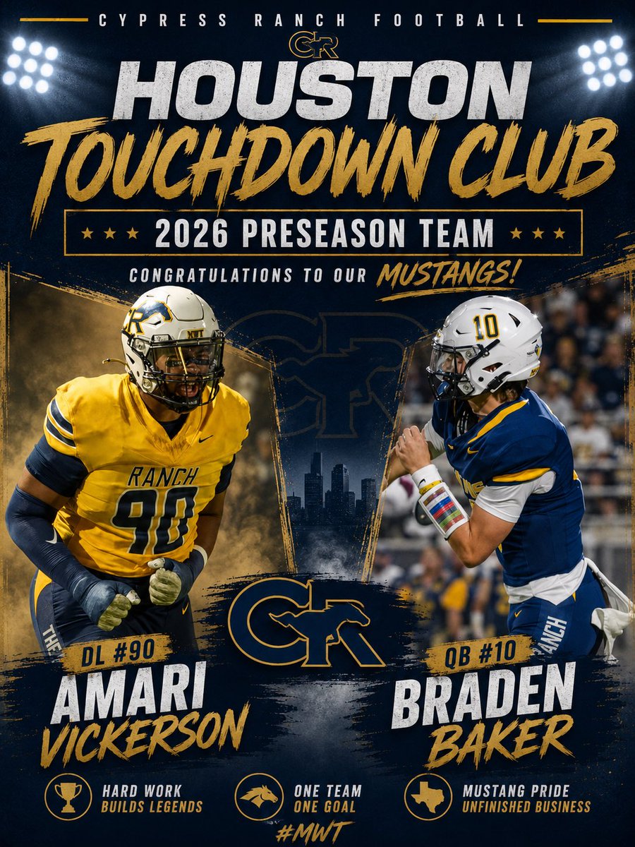 CyRanchFB's tweet photo. Braden Baker and Amari Vickerson have been named to the Houston Touchdown Club Preseason Team ! Congratulations Fellas #MWT
@BradenBaker_10 x @UHCougarFB
@iam_amari99 x @SMUFB https://t.co/aXPxeSk71I