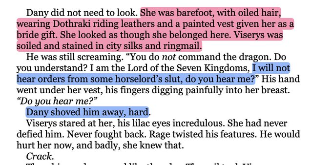 yanmingtings's tweet photo. after dany stands up to viserys for the first time in her life, she thinks of it as “a strange dream that she had dreamed.” this is a mini wake dragons from stone moment, with her “waking the dead,” even accompanied by a “crack” sound, the same sound that the funeral pyre makes https://t.co/D9YjTCcmv6