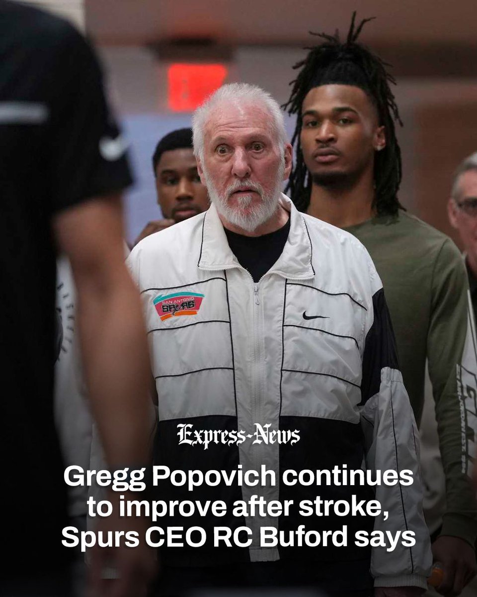ExpressNews's tweet photo. Spurs CEO RC Buford said Gregg Popovich continues to make encouraging progress in his recovery from a stroke and remains a supportive presence within the organization. https://t.co/bNBdjFCkyA https://t.co/halNrk9sGa