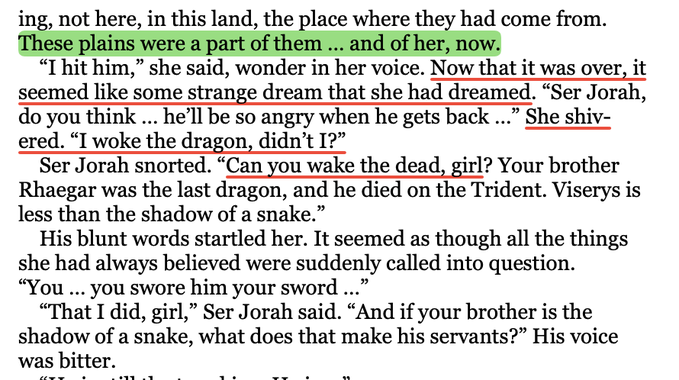 yanmingtings's tweet photo. after dany stands up to viserys for the first time in her life, she thinks of it as “a strange dream that she had dreamed.” this is a mini wake dragons from stone moment, with her “waking the dead,” even accompanied by a “crack” sound, the same sound that the funeral pyre makes https://t.co/D9YjTCcmv6