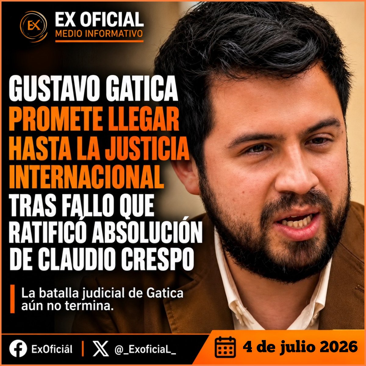 _ExoficiaL_'s tweet photo. GUSTAVO GATICA PROMETE LLEGAR HASTA LA JUSTICIA INTERNACIONAL TRAS FALLO QUE RATIFICÓ ABSOLUCIÓN DE CLAUDIO CRESPO

La batalla judicial de Gustavo Gatica aún no termina. Luego de que la Corte de Apelaciones de Santiago confirmara la absolución del exoficial de Carabineros Claudio Crespo, el diputado anunció que llevará su caso ante tribunales internacionales y evaluará nuevas acciones en Chile. Además, lanzó duras críticas al Presidente José Antonio Kast por celebrar la resolución.

La decisión de la Corte de Apelaciones de Santiago marcó un nuevo capítulo en uno de los casos más emblemáticos surgidos tras el estallido social. El tribunal rechazó anular el juicio que absolvió a Claudio Crespo por las lesiones sufridas por Gustavo Gatica el 8 de noviembre de 2019, cuando perdió la visión tras recibir el impacto de un disparo durante una manifestación en las cercanías de Plaza Baquedano.

Lejos de dar el caso por terminado, Gatica aseguró que continuará buscando justicia. Confirmó que su equipo trabaja con especialistas para recurrir a tribunales internacionales y que también analiza presentar un recurso de queja ante la Corte Suprema, una de las últimas herramientas disponibles dentro del sistema judicial chileno.

El parlamentario sostuvo que el proceso estuvo marcado por versiones contradictorias y afirmó que la investigación permitió esclarecer quién disparó el arma antidisturbios. Agradeció el trabajo realizado por la Policía de Investigaciones y la Fiscalía Centro Norte, pero expresó que el desenlace judicial resulta incompatible con las conclusiones que, según afirmó, quedaron establecidas durante la investigación.

"Este caso me excede", declaró. Para Gatica, la discusión no gira únicamente en torno a su historia personal, sino también a la forma en que el país enfrenta las denuncias por violaciones a los derechos humanos y responde frente a quienes buscan verdad y justicia.

Las declaraciones del Presidente José Antonio Kast, quien celebró públicamente el fallo señalando que Crespo actuó en legítima defensa, profundizaron la controversia. Gatica respondió con dureza y sostuvo que el Mandatario "nuevamente demuestra no estar a la altura de su cargo". Agregó que un Presidente gobierna para todos los chilenos y que, desde su perspectiva, "acá no hay nada que celebrar" mientras persistan heridas que siguen abiertas para muchas víctimas del estallido social.

A casi siete años de los hechos ocurridos en noviembre de 2019, el caso continúa siendo un símbolo sobre el uso de la fuerza por parte del Estado, los límites de la responsabilidad penal y la búsqueda de justicia para las víctimas de las violaciones a los derechos humanos denunciadas durante el estallido social. La decisión de acudir a instancias internacionales anticipa que el debate está lejos de concluir.