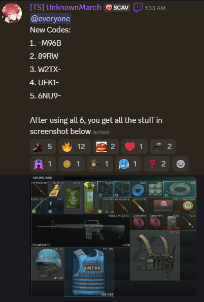 VeryBadSCAVR's tweet photo. New Codes:

-M96B

89RW

W2TX-

UFK1-

6NU9-

After using all 6, you get all the stuff in screenshot below https://t.co/B50mgxgN87