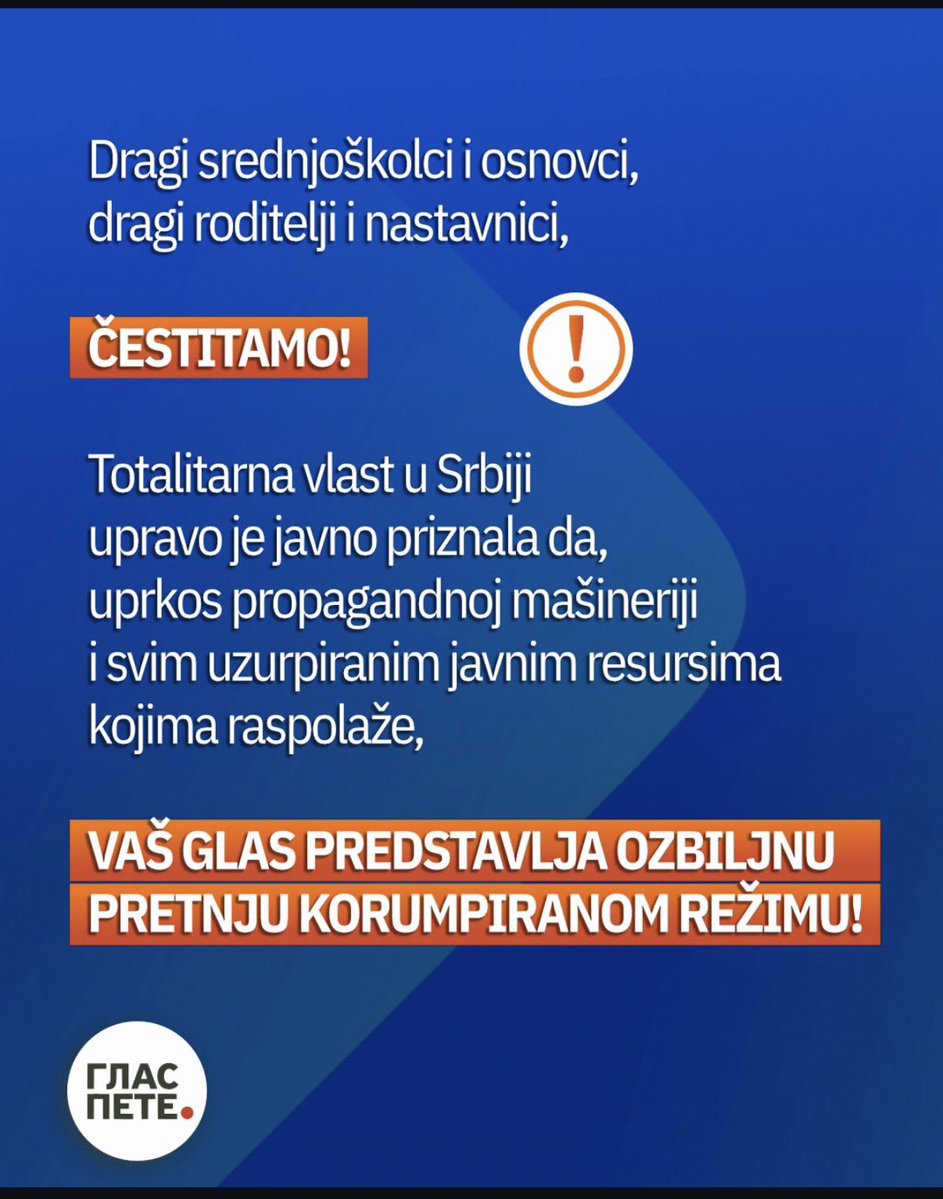 savetroditelja's tweet photo. Važno saopštenje Pete gimnazije
‼️‼️‼️‼️‼️‼️‼️‼️‼️

UĆUTKAVANJE ŠKOLA KAO KORAK KA UĆUTKAVANJU ČITAVOG DRUŠTVA

Savet roditelja Pete beogradske gimnazije oštro osuđuje nameru Ministarstva da izmenama Zakona oslabi mehanizme kroz koje roditelji, učenici i nastavnici utiču na život škole.

Ne radi se o tehničkoj doradi, već o cilju trenutne vlasti: manje prava za roditelje, manje glasa za učenike i nastavnike i više moći za one koji urušavaju obrazovni sistem.

Nacrt dolazi u trenutku kada se, uoči mogućih izbora, ućutkuju kritički glasovi — od medija i nevladinog sektora do lokalnih zajednica koje traže odgovornost vlasti. Škole i saveti roditelja su na redu.

Iskustvo Pete pokazuje zašto. Aktivna školska zajednica otvorila je pitanja od javnog značaja i pokrenula procese u interesu učenika i obrazovanja, suprotne interesima vladajućih struktura. Isto važi i za savete roditelja širom Srbije koji se bore protiv urušavanja obrazovnog sistema. Njihova hrabrost daje rezultate — i zato je vlast prepoznaje kao pretnju.

Predlagač zato smanjuje zastupljenost roditelja u savetima roditelja, gaseći jedan od retkih mehanizama javne kontrole nad radom škole, i ograničava organizovanje učenika van formalnih okvira. Poruka je jasna: mladi treba da nauče da ćute.

Istorija pokazuje kuda vodi gušenje kritičkog mišljenja: obračun totalitarnih režima sa slobodom počinje ućutkivanjem škola, udruženja i glasova mladih. Evropa je za to srljanje u fašizam u XX veku već platila najveću moguću cenu!

Pozivamo Ministarstvo prosvete da povuče izmene i otvori dijalog sa školskom zajednicom.

Pozivamo Evropsku komisiju i pregovaračku grupu za Poglavlje 26, UNICEF i tela sistema UN da reaguju, jer se izmene kose sa evropskim obavezama Srbije i Konvencijom UN o pravima deteta, posebno članovima 12 i 15.

Škole ne postoje da bi proizvodile poslušnost, već slobodne i odgovorne građane.

Suprotstavićemo se sužavanju prostora za dijalog i demokratsko odlučivanje svim demokratskim i zakonom dozvoljenim sredstvima.

Savet roditelja Pete beogradske gimnazije

@eusrbija @martakos_eu
@europeanparliament
@unicefsrbija @UNICEF