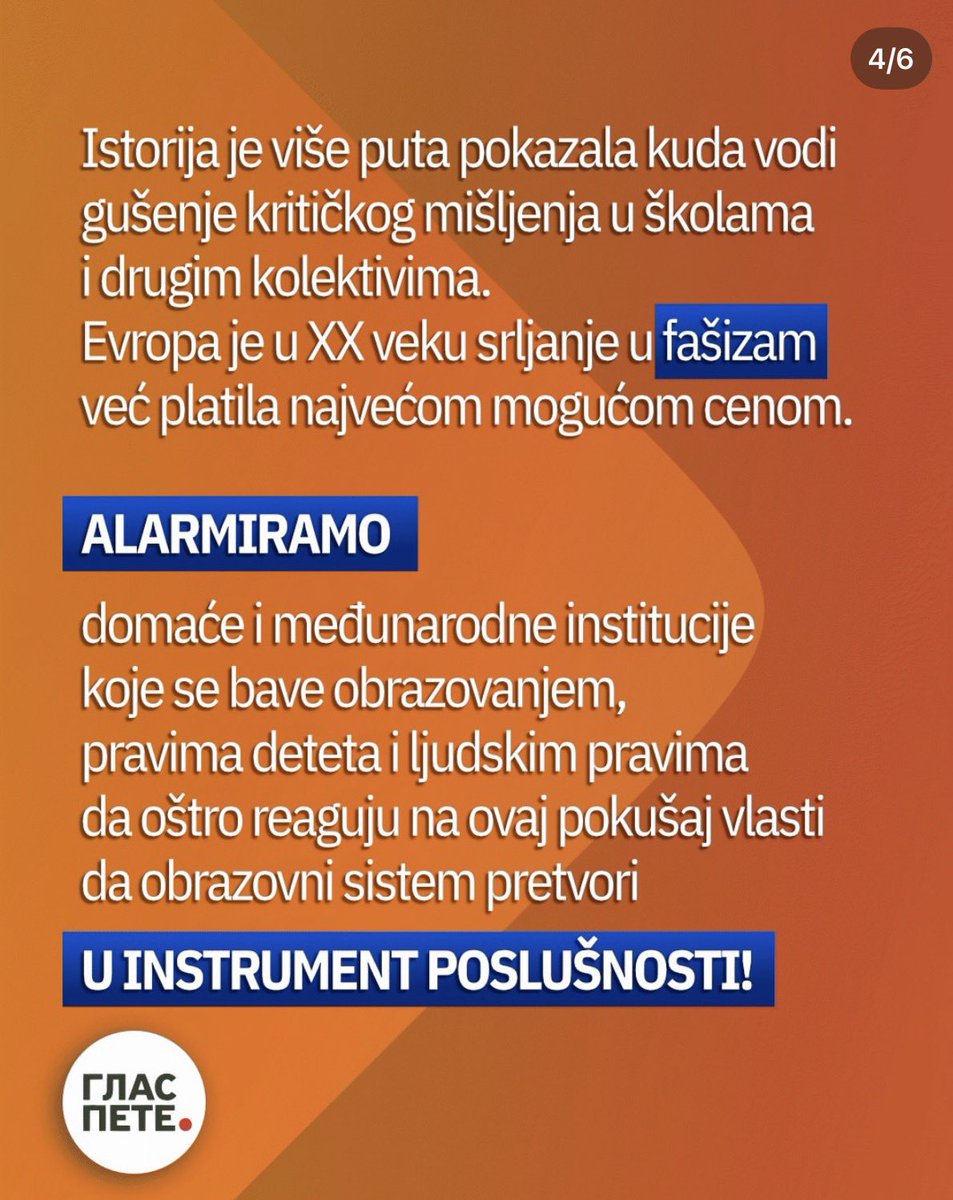 savetroditelja's tweet photo. Važno saopštenje Pete gimnazije
‼️‼️‼️‼️‼️‼️‼️‼️‼️

UĆUTKAVANJE ŠKOLA KAO KORAK KA UĆUTKAVANJU ČITAVOG DRUŠTVA

Savet roditelja Pete beogradske gimnazije oštro osuđuje nameru Ministarstva da izmenama Zakona oslabi mehanizme kroz koje roditelji, učenici i nastavnici utiču na život škole.

Ne radi se o tehničkoj doradi, već o cilju trenutne vlasti: manje prava za roditelje, manje glasa za učenike i nastavnike i više moći za one koji urušavaju obrazovni sistem.

Nacrt dolazi u trenutku kada se, uoči mogućih izbora, ućutkuju kritički glasovi — od medija i nevladinog sektora do lokalnih zajednica koje traže odgovornost vlasti. Škole i saveti roditelja su na redu.

Iskustvo Pete pokazuje zašto. Aktivna školska zajednica otvorila je pitanja od javnog značaja i pokrenula procese u interesu učenika i obrazovanja, suprotne interesima vladajućih struktura. Isto važi i za savete roditelja širom Srbije koji se bore protiv urušavanja obrazovnog sistema. Njihova hrabrost daje rezultate — i zato je vlast prepoznaje kao pretnju.

Predlagač zato smanjuje zastupljenost roditelja u savetima roditelja, gaseći jedan od retkih mehanizama javne kontrole nad radom škole, i ograničava organizovanje učenika van formalnih okvira. Poruka je jasna: mladi treba da nauče da ćute.

Istorija pokazuje kuda vodi gušenje kritičkog mišljenja: obračun totalitarnih režima sa slobodom počinje ućutkivanjem škola, udruženja i glasova mladih. Evropa je za to srljanje u fašizam u XX veku već platila najveću moguću cenu!

Pozivamo Ministarstvo prosvete da povuče izmene i otvori dijalog sa školskom zajednicom.

Pozivamo Evropsku komisiju i pregovaračku grupu za Poglavlje 26, UNICEF i tela sistema UN da reaguju, jer se izmene kose sa evropskim obavezama Srbije i Konvencijom UN o pravima deteta, posebno članovima 12 i 15.

Škole ne postoje da bi proizvodile poslušnost, već slobodne i odgovorne građane.

Suprotstavićemo se sužavanju prostora za dijalog i demokratsko odlučivanje svim demokratskim i zakonom dozvoljenim sredstvima.

Savet roditelja Pete beogradske gimnazije

@eusrbija @martakos_eu
@europeanparliament
@unicefsrbija @UNICEF