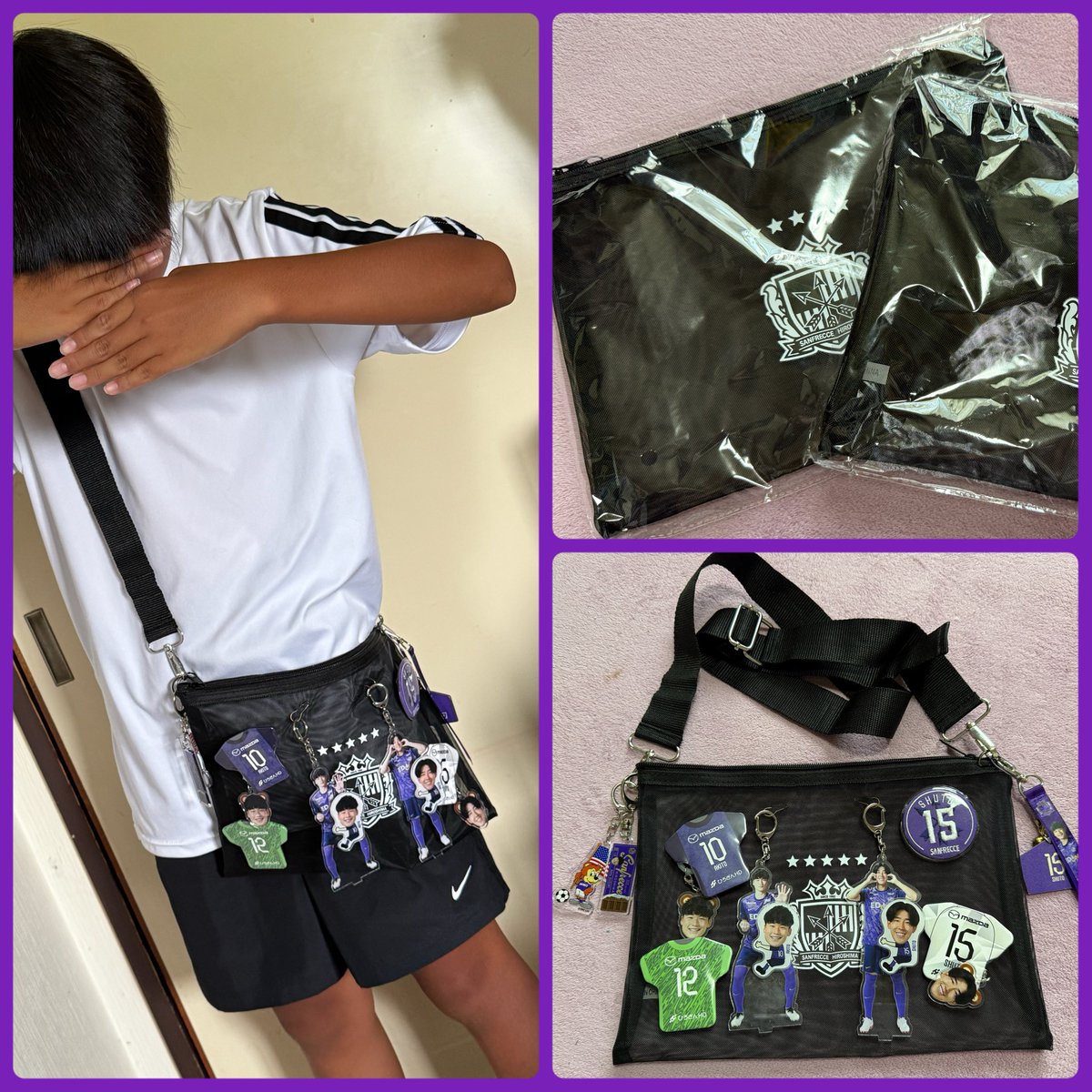 kaec02584488's tweet photo. ユニフォーム購入特典のメッシュポーチを子供の提案によりポシェットにしてみました！
なかなか良いのでは🤩
開幕戦はコレで参戦🔥💜🔥

#サンフレッチェ広島　#sanfrecce  #購入者限定　#リメイクしてみた https://t.co/5vR7NyCxXY