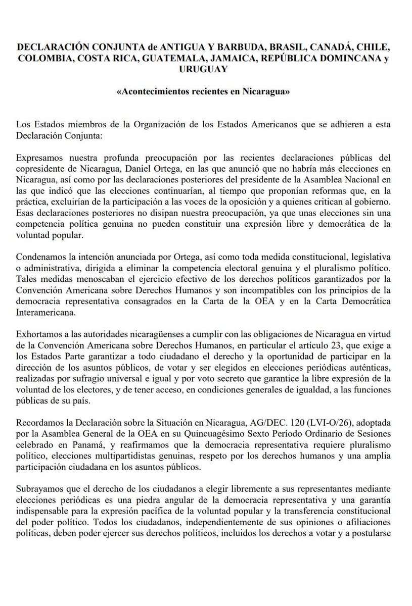 OEA_oficial's tweet photo. Declaración conjunta de Estados Miembros de la #OEA: Antigua y Barbuda, Brasil, Canadá, Chile, Colombia, Costa Rica, Guatemala, Jamaica, República Dominicana y Uruguay sobre "Acontecimientos recientes en #Nicaragua" https://t.co/mii9jbj0Mq