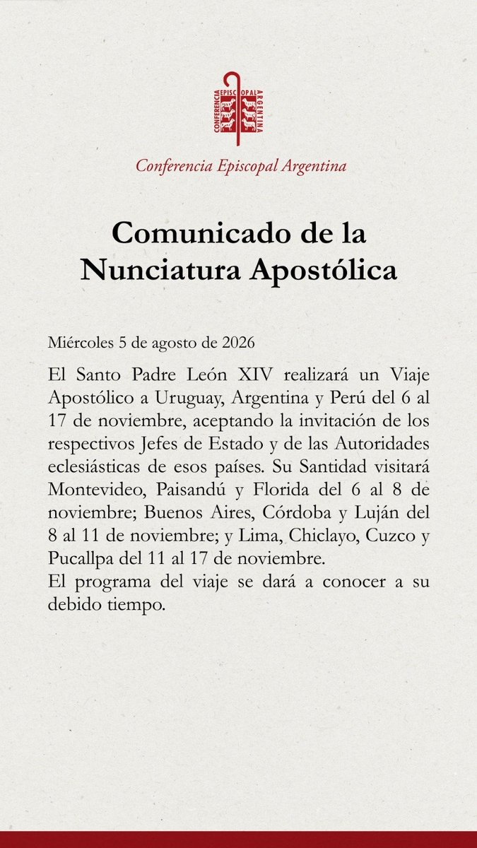 CEAvocero's tweet photo. El Santo Padre León XIV realizará un Viaje Apostólico a Uruguay, Argentina y Perú del 6 al 17 de noviembre. https://t.co/ofP6DTh6gS