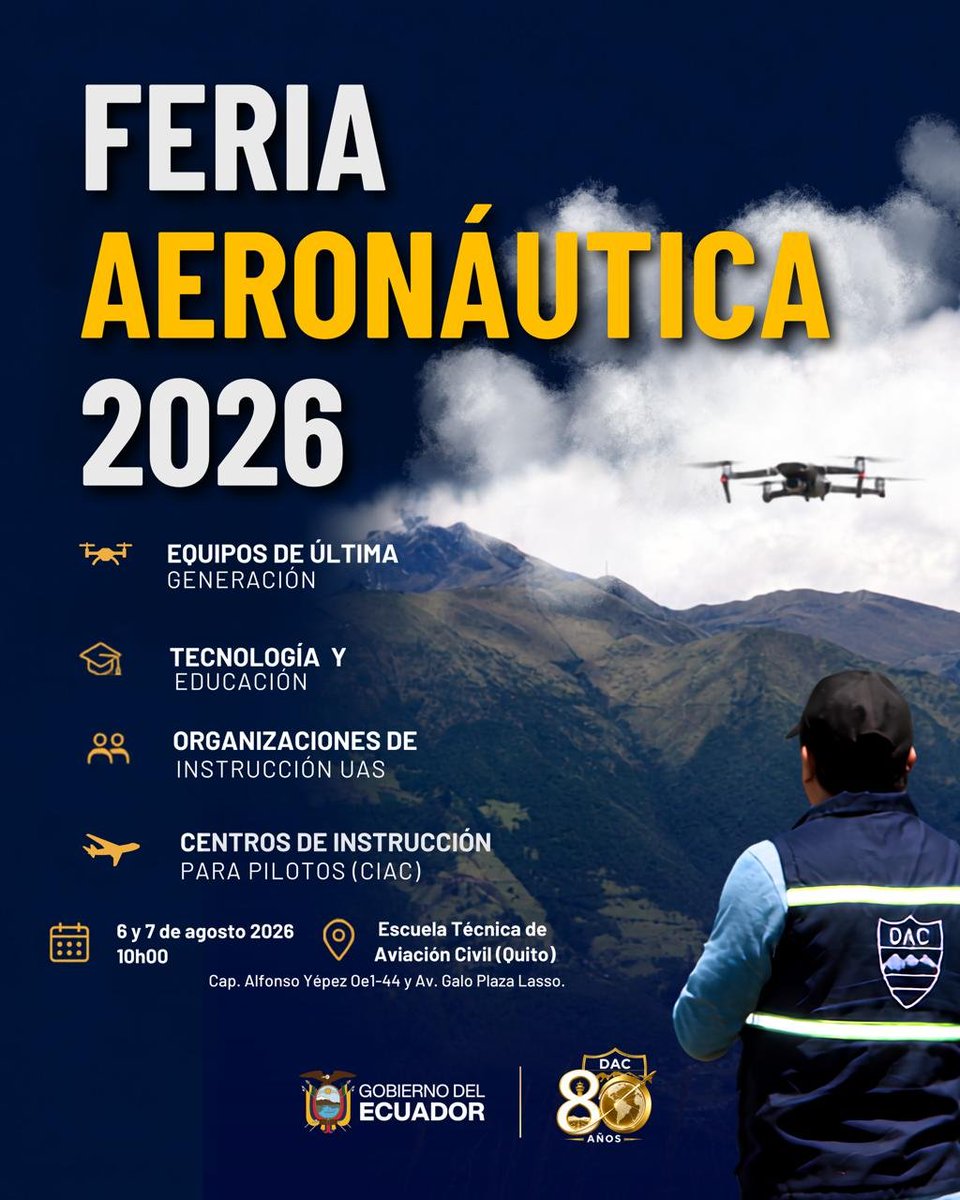 DGAC_Ecuador's tweet photo. El futuro de la aviación se construye con innovación, tecnología y compromiso. La Feria Aeronáutica 2026 será el punto de encuentro para promover el desarrollo del sector y acercar a la ciudadanía los avances que impulsan una aviación más segura, eficiente y sostenible. https://t.co/ytyNmmqAyg