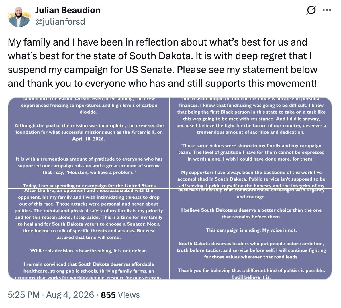 sahilkapur's tweet photo. South Dakota's Democratic nominee for Senate drops out, giving independent candidate Brian Bengs a 1-on-1 match against Republican Sen. Mike Rounds... an outcome many Dems had wanted. https://t.co/Wr0WhpDoWY