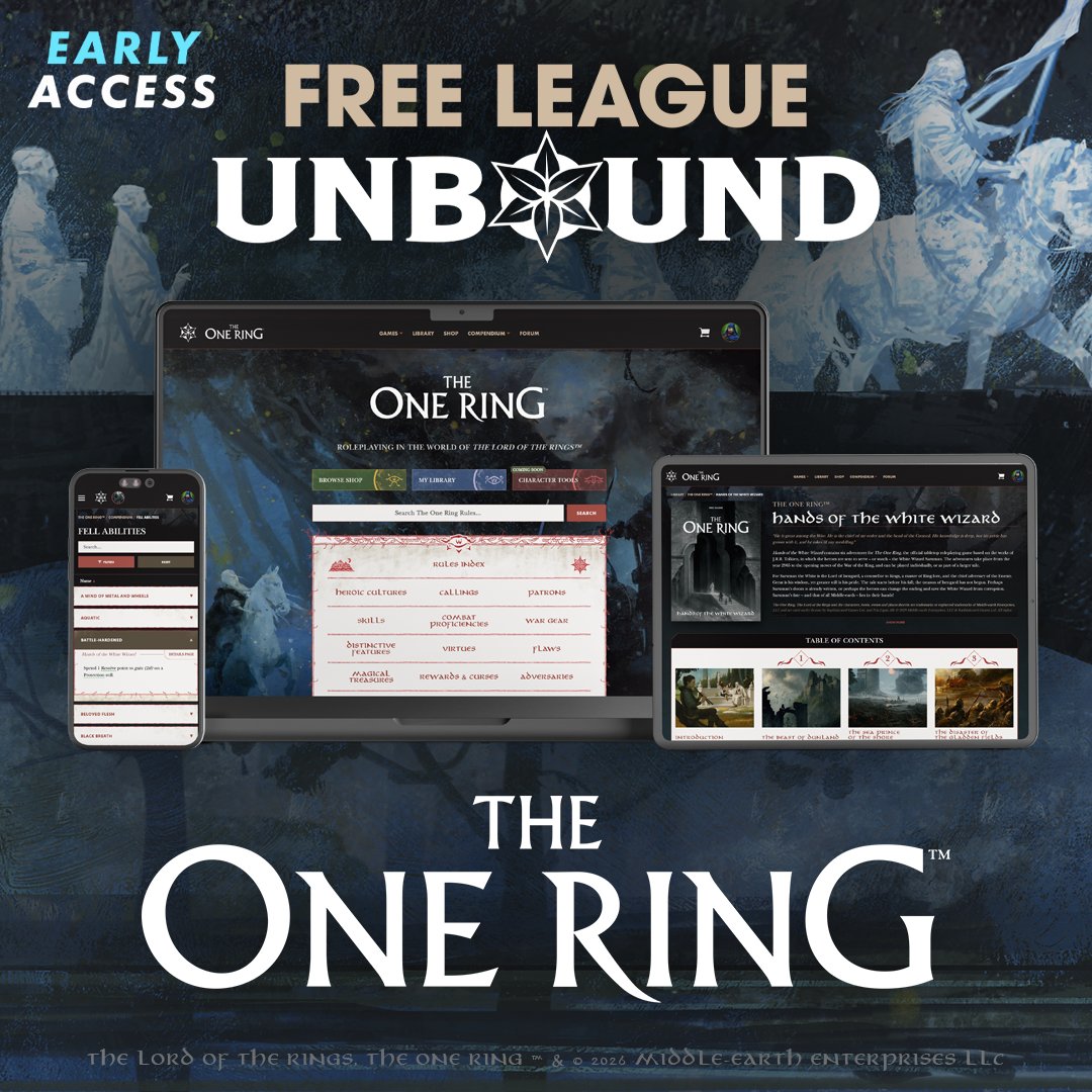 flunbound's tweet photo. Explore Middle-Earth in The One Ring™ for the first time in digital on Free League Unbound during Early Access.

Read the entire TOR catalog in the Digital Reader and find what you're looking for quickly in the Game Compendium - including the Fell Abilities listing just added today!

@FreeLeaguePub