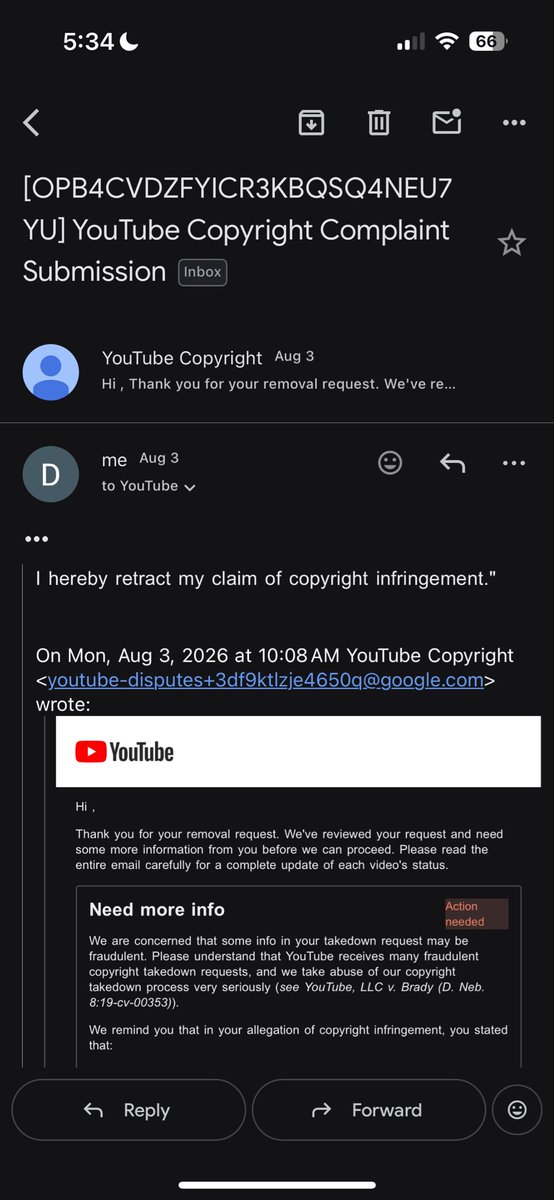 uz1991auttp's tweet photo. @TeamYouTube I got this email and I retracted it and can you process this retraction I sent https://t.co/qPVx66bCvr